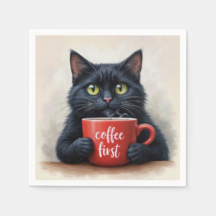 Svart katt med röd kafé Mugg Pappersservett