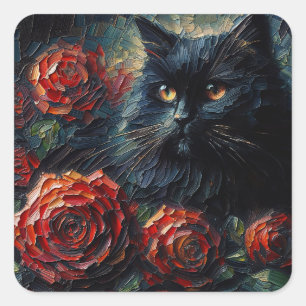 Svart katt med Röd ros Art Fyrkantigt Klistermärke