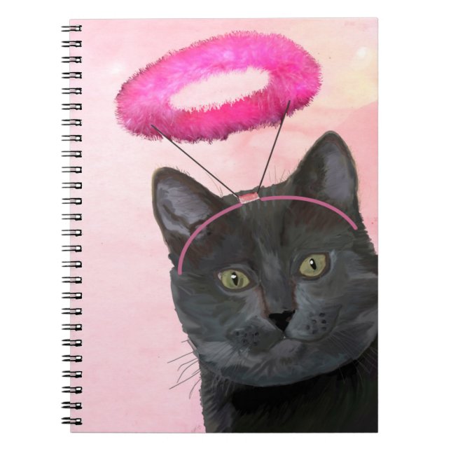 Svart katt med Rosa angel Halo Anteckningsbok (Framsidan)