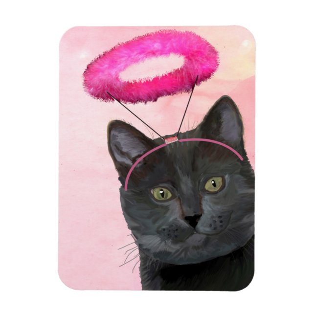Svart katt med Rosa angel Halo Magnet (Vertikal)
