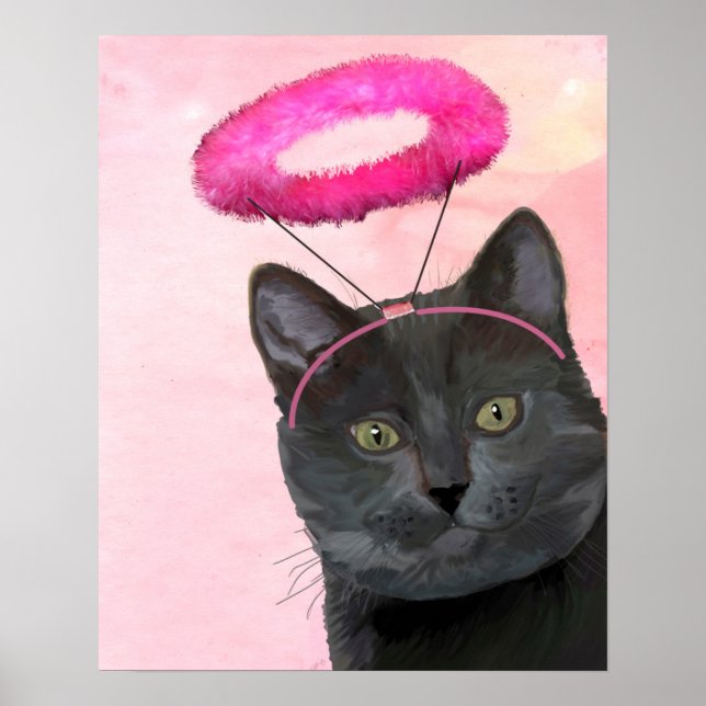 Svart katt med Rosa angel Halo Poster (Framsidan)