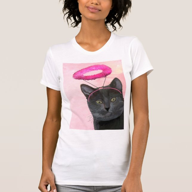 Svart katt med Rosa angel Halo T-shirt (Framsida)