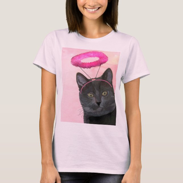Svart katt med Rosa angel Halo T-shirt (Framsida)