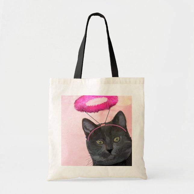 Svart katt med Rosa angel Halo Tygkasse (Framsidan)