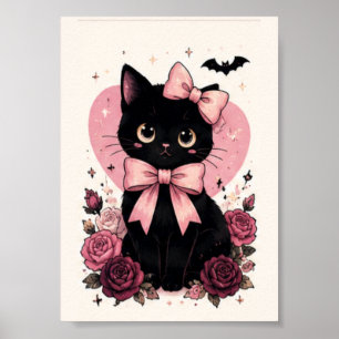 Svart Katt med Rosa Band Ros Blomma Poster