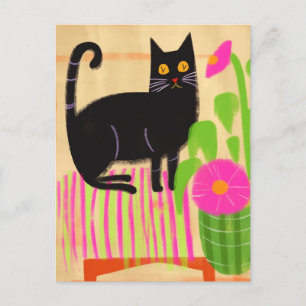 Svart katt med Rosa blommor Vykort