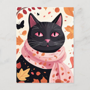 Svart katt med rosa ögon bär halsduk vykort