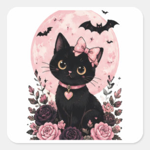 Svart Katt med Rosa Pumpa Måne Halsband Fyrkantigt Klistermärke