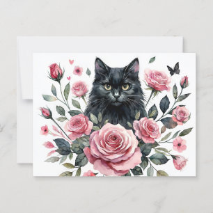 Svart katt med Rosa ros-vykort för vattenfärg Vykort