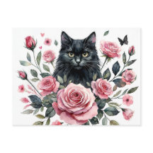 Svart katt med Rosa ros-vykort för vattenfärg