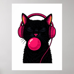 Svart katt med rosa telefonhörlur – Rolig minimali Poster