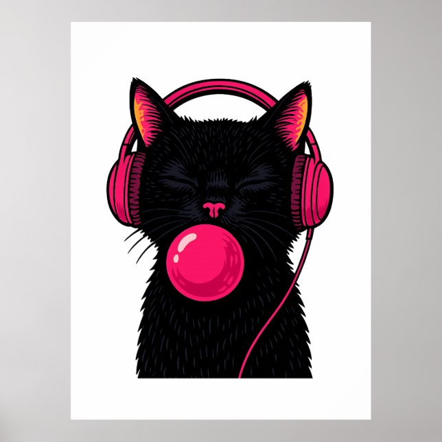 Svart katt med rosa telefonhörlur – Rolig minimali Poster (Framsidan)