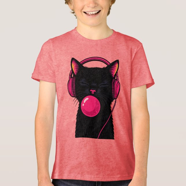 Svart katt med rosa telefonhörlur – Rolig minimali T Shirt (Framsida)