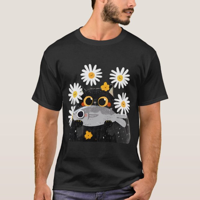 Svart katt med sin favoritfisk t shirt (Framsida)