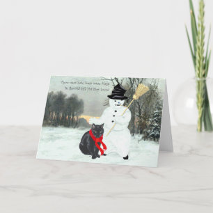 Svart katt med snöman vid jul helgkort