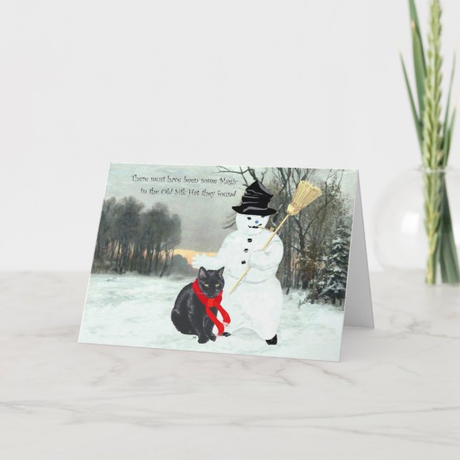 Svart katt med snöman vid jul helgkort (Framsida)