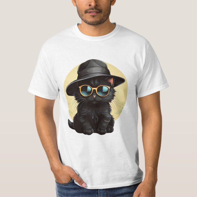 svart katt med solglasögon och hatt, rolig katt t shirt (Framsida)