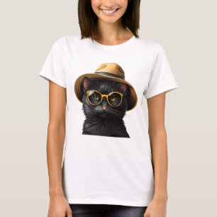 svart katt med solglasögon och hatt, rolig katt t shirt