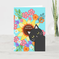 Svart katt med solrosfärgad Blommigt födelsedag