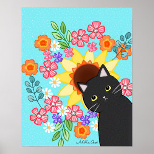 Svart katt med solrosfärgad, ljusfärgad kattkons poster