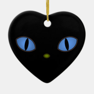 Svart katt med stor blå Öga Julgransprydnad Keramik