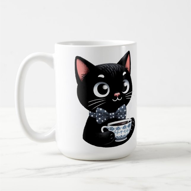 Svart katt med streckruta kaffemugg (Vänster)
