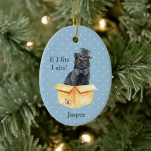 Svart katt med svart hatt - om jag passar, så pass julgransprydnad keramik