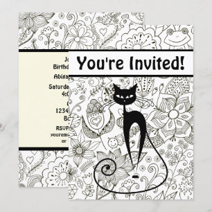 Svart katt med svart och vit trädgårdsfödelsedag inbjudningar
