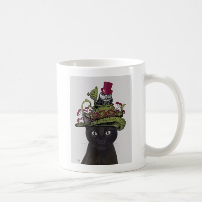Svart katt med Tekanna och Uggla Kaffemugg (Höger)