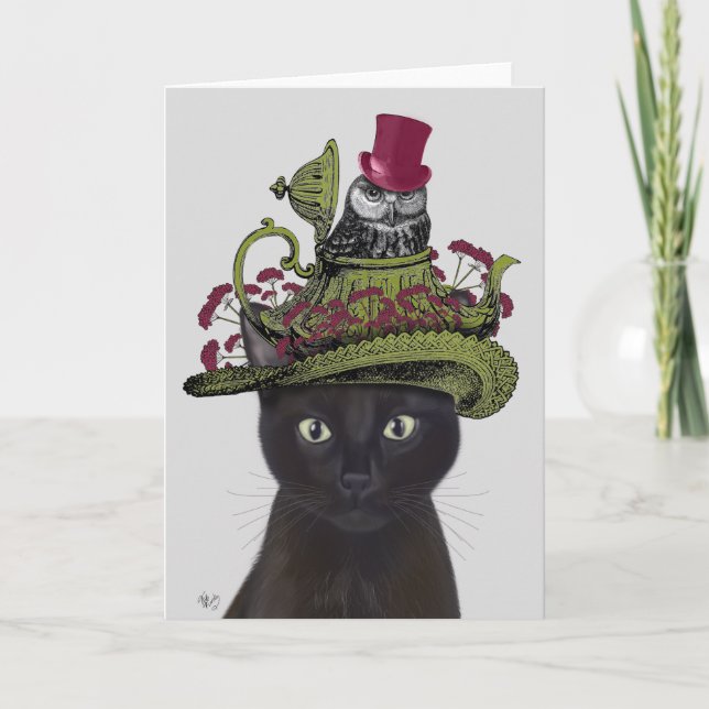 Svart katt med Tekanna och Uggla Kort (Framsida)
