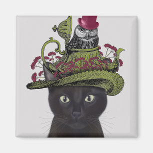 Svart katt med Tekanna och Uggla Magnet