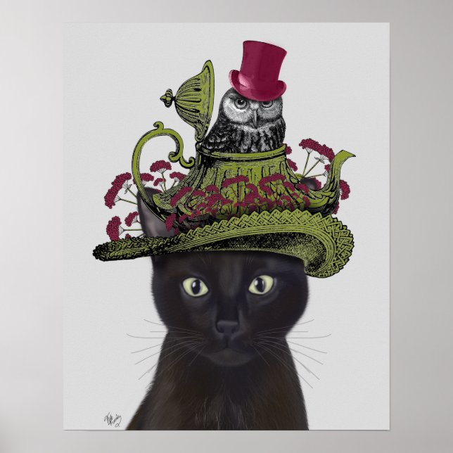 Svart katt med Tekanna och Uggla Poster (Framsidan)