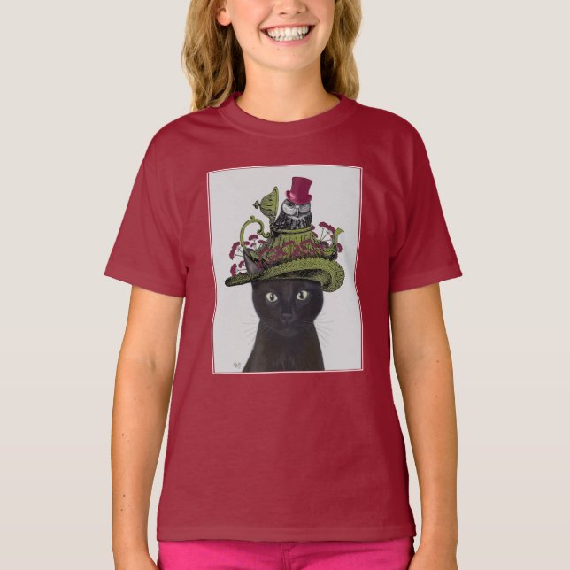 Svart katt med Tekanna och Uggla T Shirt (Framsida)