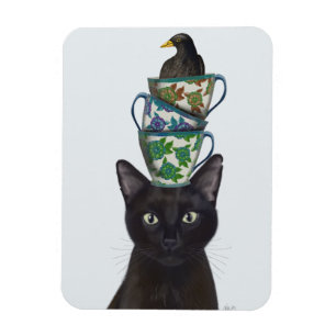 Svart katt med Tekopp och Blackbird Magnet