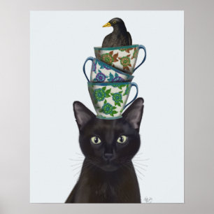 Svart katt med Tekopp och Blackbird Poster