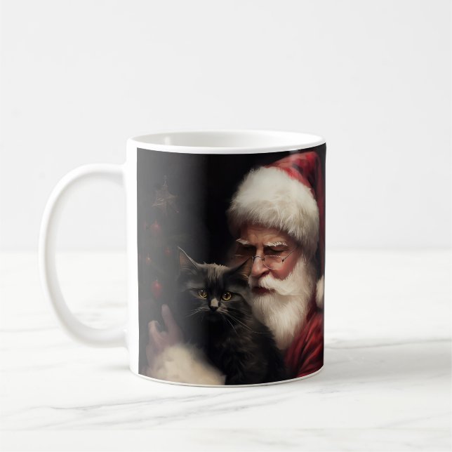 Svart katt med tomte festlig jul  kaffemugg (Vänster)