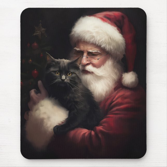 Svart katt med tomte festlig jul  musmatta (Framsidan)
