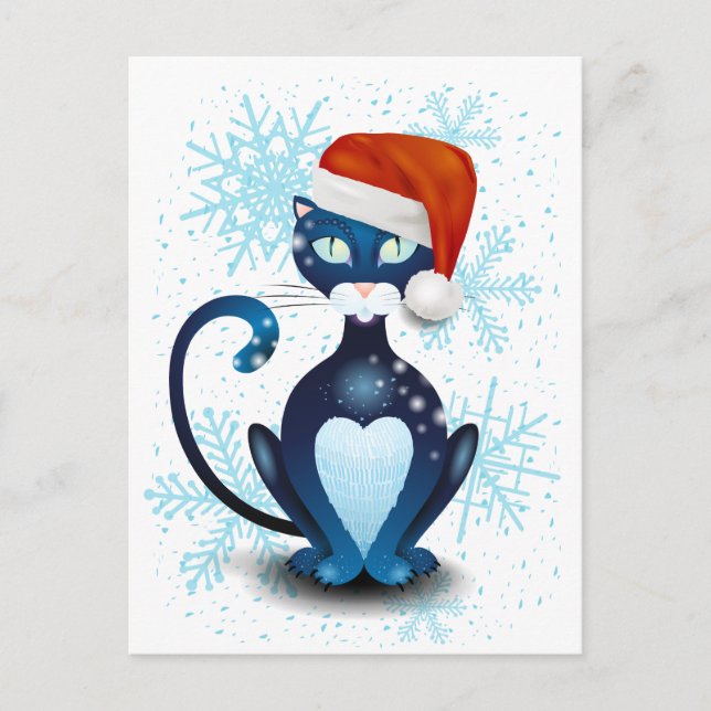 Svart katt med tomtehatt vykort (Framsida)