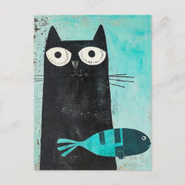 Svart katt med turkos fisk vykort