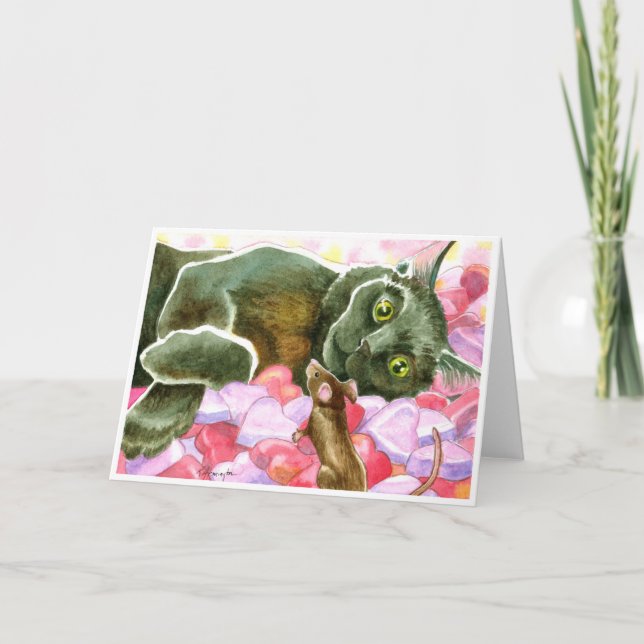 Svart katt med valentinhjärtor helgkort (Framsida)