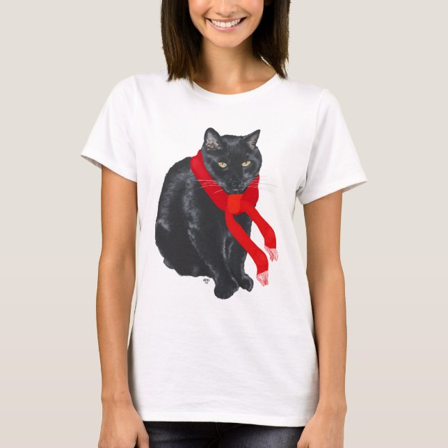 Svart katt med varm vid jul tee shirt (Framsida)
