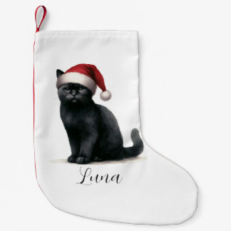 Svart katt med vattenfärg i Festive Santa Hat-lagr Liten Julstrumpa
