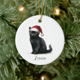 Svart katt med vattenfärg i Festive Santa Hat Orna Julgransprydnad Keramik