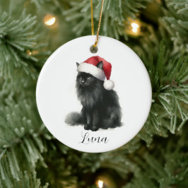 Svart katt med vattenfärg i Festive Santa Hat Orna Julgransprydnad Keramik