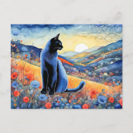 Svart katt med vattenfärg i solnedgången Backe Vykort