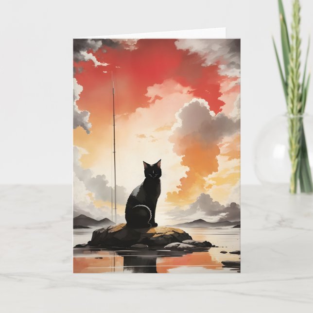 Svart katt med vattenfärg på Sten Porträtt Blank Kort (Framsida)