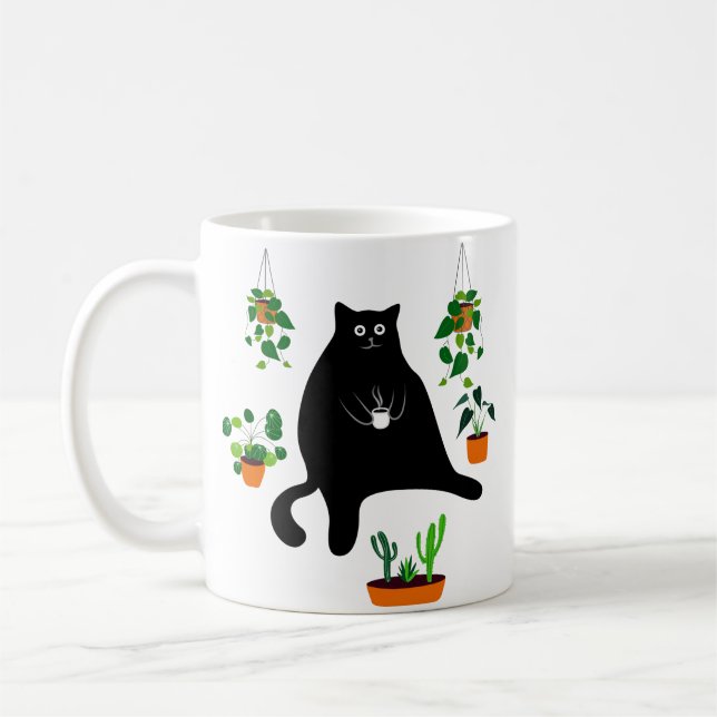 Svart katt med växter, fin, svart kattgåva kaffemugg (Vänster)