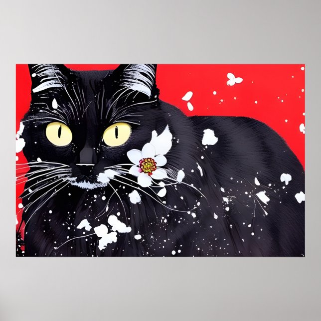 Svart katt med vit blomsterbotten poster (Framsidan)