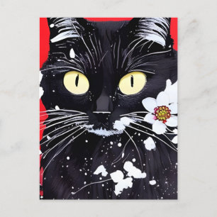 Svart katt med vit blomsterbotten vykort