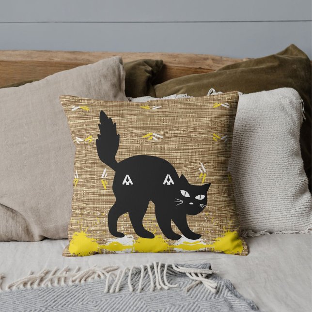 Svart Katt med Vit Gul Jutesäck Design Anpassad Kudde (Skapare uppladdad)
